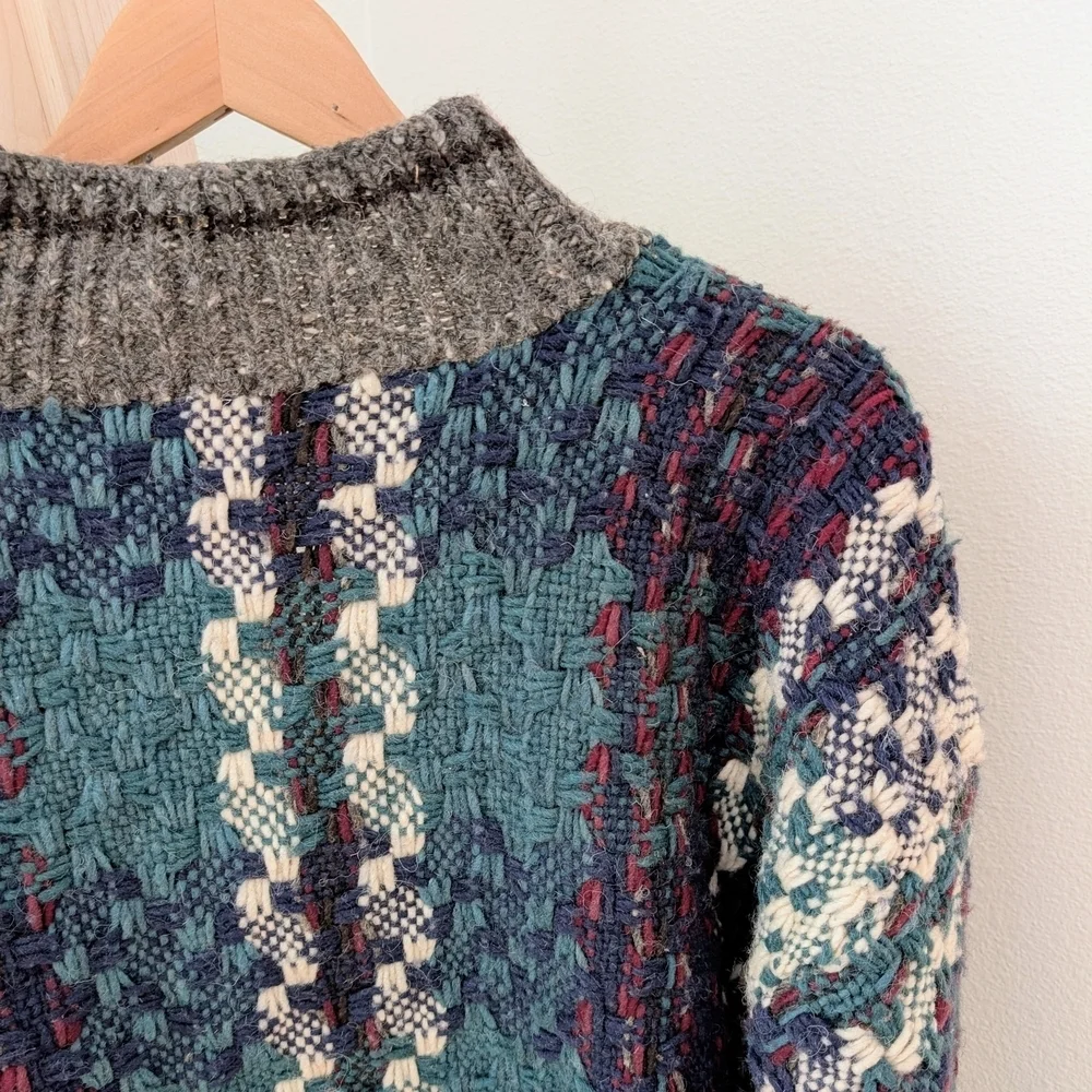 Vintage Plaid Waffle Stitch Button Front Wool Henley Sweater In Gray/Blue/Purple